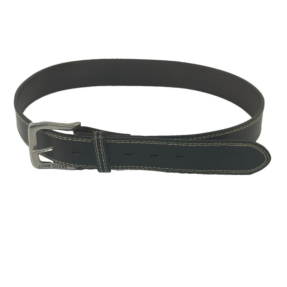 John Deere Top Grain Brown Leather Belt Men Size 34 Silver Buckle Double Stitch